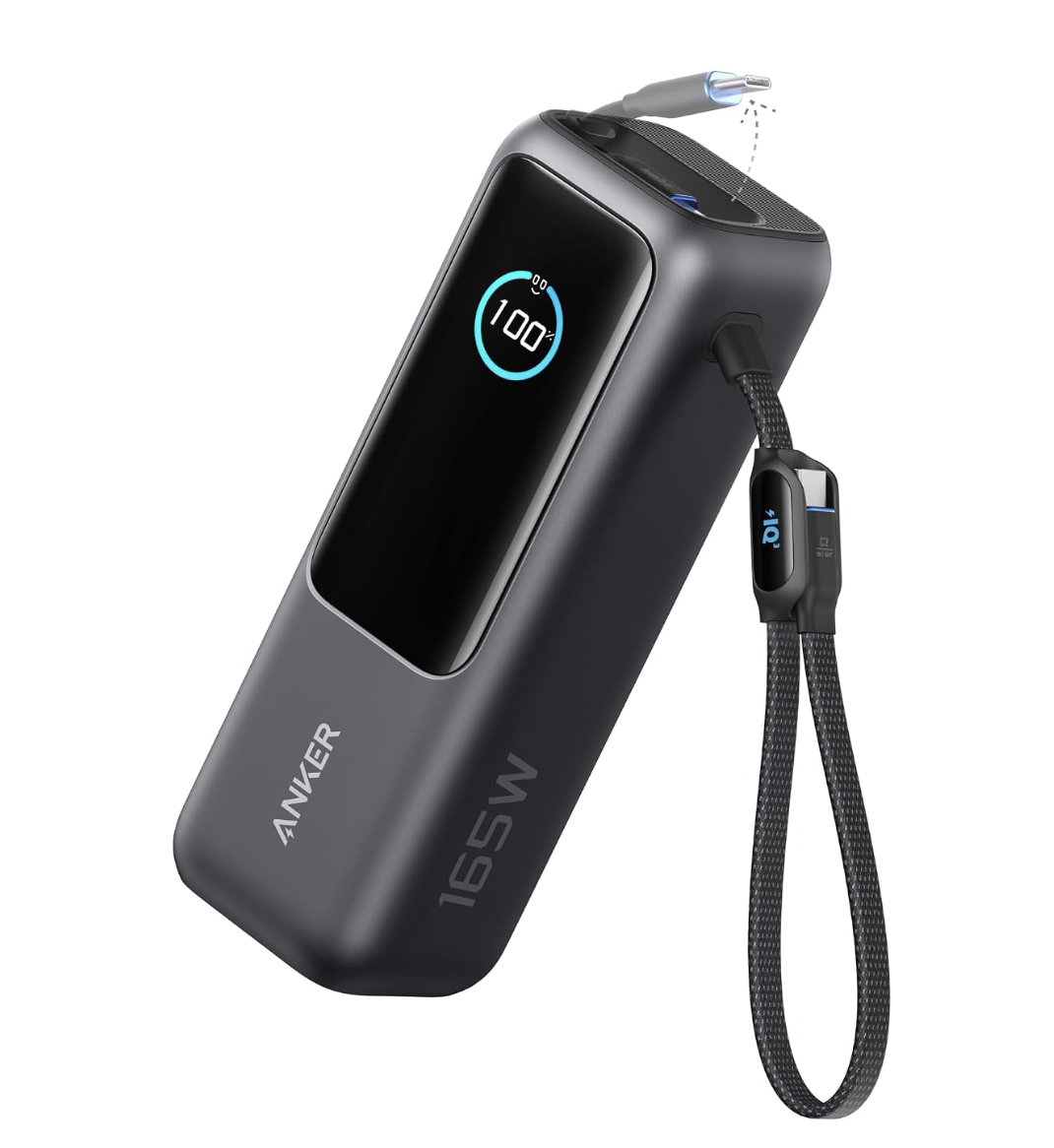 Anker Power Bank, 25,000mAh Travel Essential with 165W Total Output | 3 USB-C Ports with 100W Max Each, Built-In Retractable Cables, Flight-Ready, for iPhone 17 Series, MacBook, and More