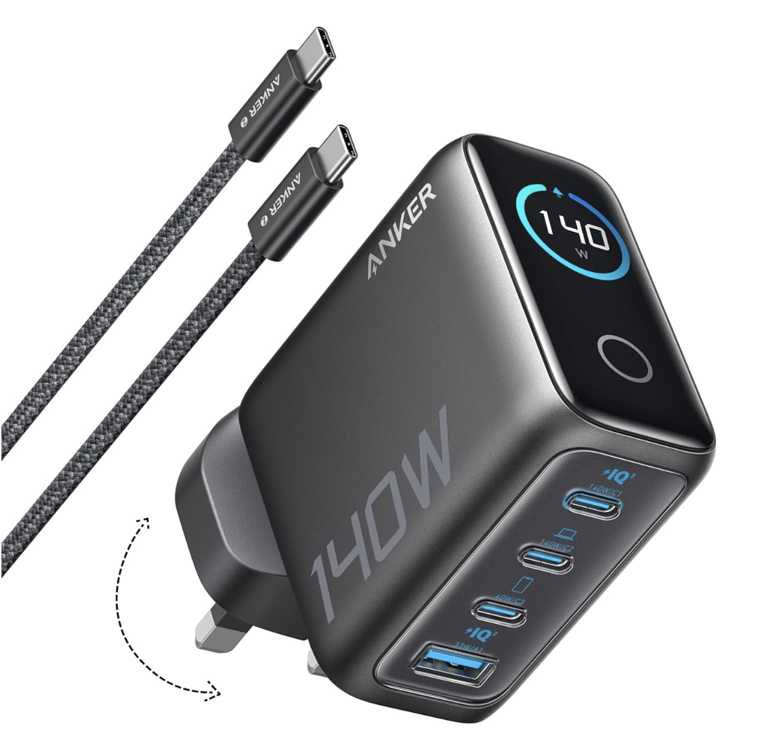 Anker 140W Max 4-Port GaN Charging Blocks,Smart Display for MacBook Charger | Fast Charger USB C Power Adapter with Touch Controls for Macbook Pro,iPad,iPhone 17/16 Series(Include 5FT Cable)